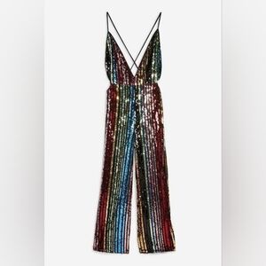 The Vintage Shop M Women's Black Silver Striped Jumpsuit Sparkly Holiday
